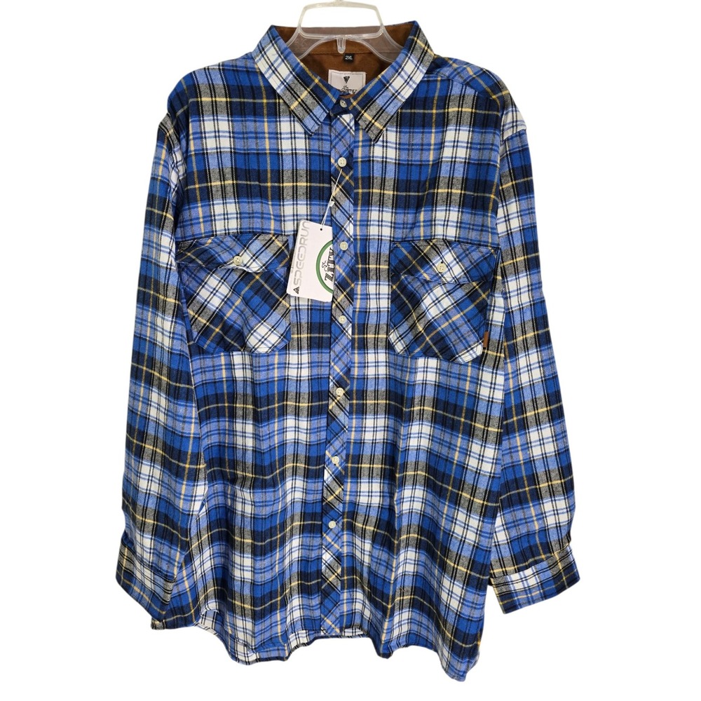 Zity Mens 2XL Plaid Flannel Shirt Long Sleeve Blue‎ Brown Button Up Casual
